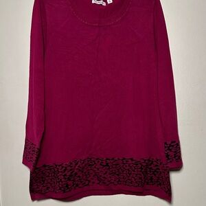 Kim Rogers Women's Burgundy Leopard Print Sweater Top Long Sleeves Size XL